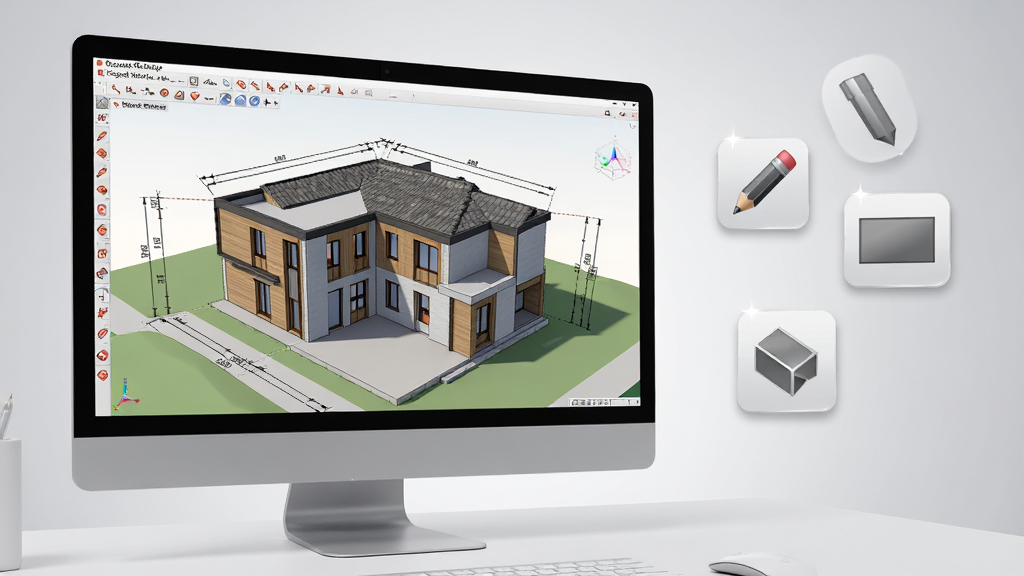 ���壺һ̨������Google SketchUp�����ĵ�����Ļ����Ļ����ʾһ�����µ��ִ�������άģ�ͣ�����ǽ�塢�Ŵ����ݶ�����Χ���������֣�����λ�ڻ�������ƫ����Ļ���������ɼ����Ҳ������������һЩ��ģ����ͼ�꣨��Ǧ�ʡ����Ρ��������ߣ������ڿ��С��Ű棺��������ƽ�⣬����ͻ��������Ϊ����ǳ��ɫ���䣬Ӫ��רҵ������Χ�����дʵ3D��Ⱦ��񣬹�Ӱ��Ȼ��ɫ������������ϸ�ڣ���Ļ�е�ģ�ʹ��гߴ��ע�ߺ���ӰЧ��������ͼ�����΢С�ĸ߹⣬�������࣬�޶���������ʣ�8K�����壬ϸ�ڷḻ������ɾ����޶���Ԫ�ء�