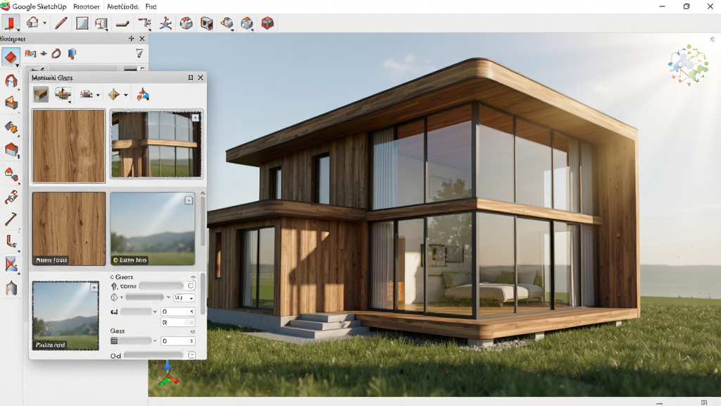 ���壺Google SketchUp��������չʾһ�����б���ľ�ʲ��ʺͲ���Ļǽ�ı���ģ�ͣ���������Ͻ����䣬����������Ӱ�����֣���������Ϊģ�ͣ����Ϊ���ʱ༭��壬��ʾľ�������벣������������Ű棺ģ��ռ�ݻ�����Ҫ���򣬲��������������࣬�Ӿ����㼯�С���񣺳�дʵ��Ⱦ��񣬹�Ӱ�����Ȼ��ϸ�ڣ�ľ�������ɼ�������������Χ��������Ӱ��ͣ������вݵ���������յ���ɫ�����ʣ����壬��Ӱ׷�٣�����ɾ����޶���Ԫ�ء�