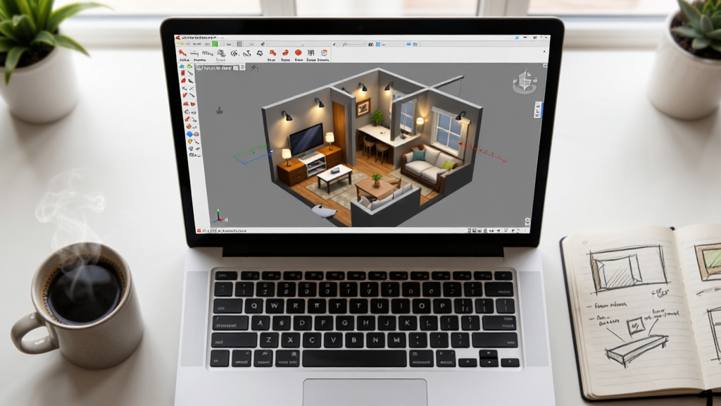 ���壺һ̨�ʼǱ���������Google SketchUp����Ļ����ʾһ�����ڱ༭�����ڻ���ģ�ͣ��Ա���һ�����Ⱥ�һ���ʼǱ������֣�����λ�ڻ������룬��Ļ���ݳ�����ߣ����Ϊ���̺Ϳ��ȱ����Ҳ�Ϊ�ʼǱ����Ű棺����Ϊ���ӽǶȣ��������࣬����������������дʵ�����ܰ���ʡ�ϸ�ڣ���Ļ��ģ�ʹ��мҾߺ͵ƹ�Ч�����ʼǱ��ϻ��м򵥵��ֻ��ͼ�����ȱ�ð�����������ʣ����壬ϸ�ڷḻ������ɾ����޶���Ԫ�ء�