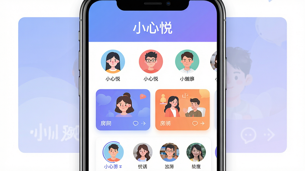 主体:小心悦APP界面展示,手机屏幕占据画面中央,界面显示语音聊天房间列表和在线好友头像。布局:手机竖屏居中,背景为柔和的渐变蓝紫色,四周留白。排版:界面元素清晰,顶部有“小心悦”字样,下方排列圆形头像和房间卡片。风格:现代扁平化,色彩明快,细节丰富。画质:高清,干净,无多余元素。