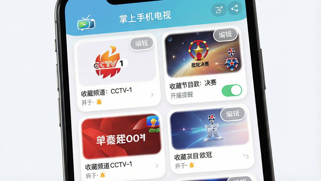 主体:手机屏幕显示“掌上手机电视”的收藏页面,页面以卡片形式展示用户收藏的频道和节目。布局:卡片式排列,每个卡片包含频道logo和节目名称,右上角有“编辑”按钮。排版:卡片间距均匀,视觉重心平稳。风格:清新圆角,亲和力强。细节:卡片中可见“收藏频道:CCTV-1”、“收藏节目:欧冠决赛”等,并有“开播提醒”开关。画质:高分辨率,干净无多余元素。