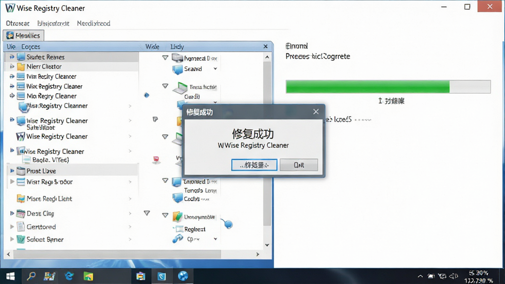 主体:电脑桌面显示Wise Registry Cleaner 正在修复注册表的界面,布局:左侧为问题列表,右侧为绿色修复进度条,排版:清晰有序,风格:写实风格,细节:屏幕中央有“修复成功”弹窗,画质:高清,干净,无多余元素