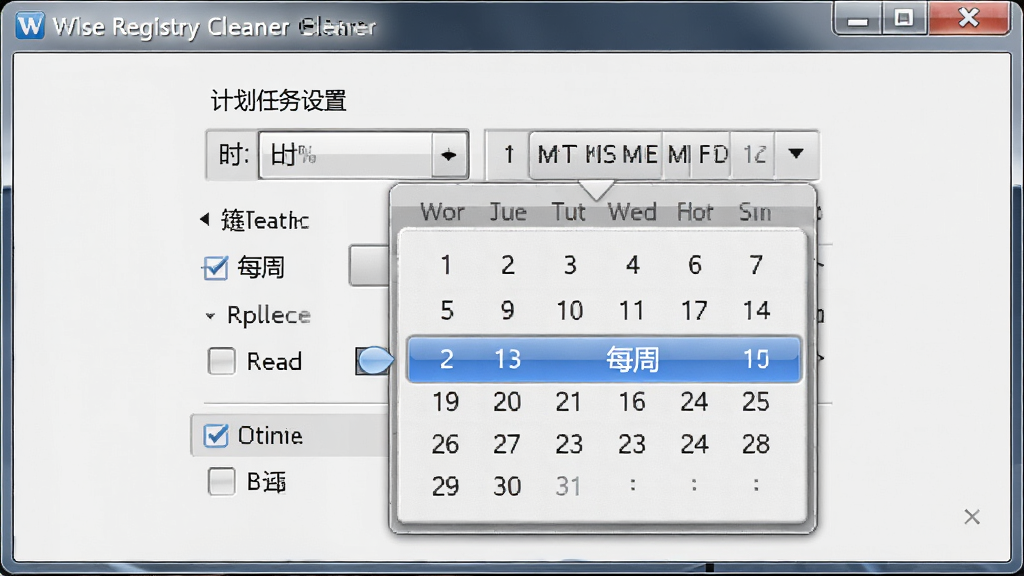 主体:Wise Registry Cleaner 计划任务设置界面,展示时间选择器和重复选项,布局:表单居中,日历控件展开,排版:清晰明了,风格:拟物化设计,细节:突出“每周”选项,画质:高清,干净,无多余元素