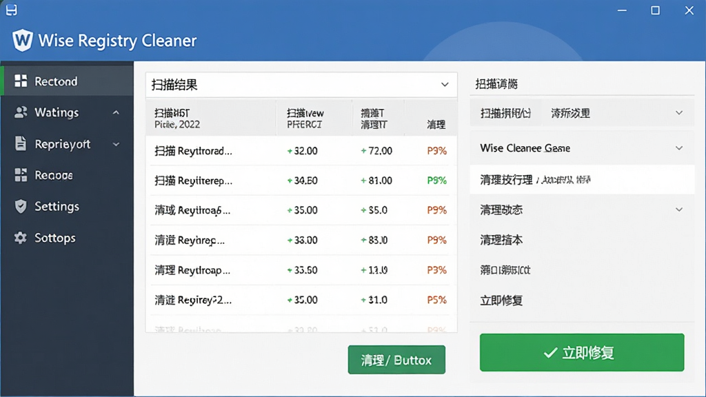 主体:Wise Registry Cleaner 软件主界面,展示扫描结果列表和清理按钮,布局:左侧功能导航,右侧扫描详情,排版:干净整齐,风格:现代扁平化设计,细节:突出绿色“立即修复”按钮,画质:高清,干净,无多余元素