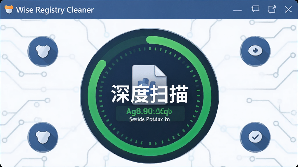 主体:Wise Registry Cleaner 扫描过程动画,展示绿色进度条与扫描文件计数,布局:中心进度环,周围分布功能图标,排版:简洁直观,风格:科技感插画,细节:突出“深度扫描”字样,画质:高清,干净,无多余元素