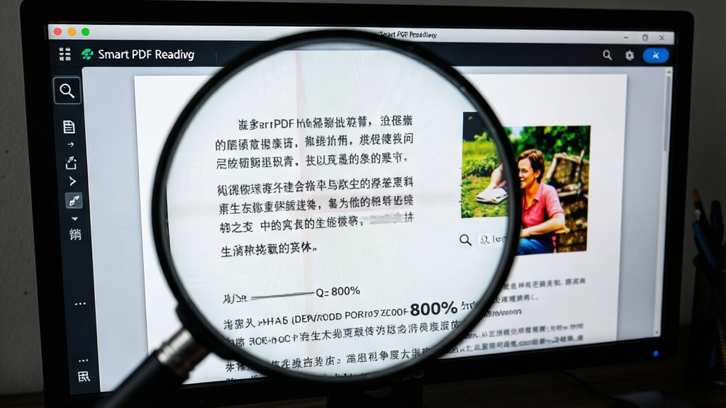 一张特写镜头,电脑屏幕显示Smart PDF阅读器将一份图文混排的PDF文档放大至800%后的局部效果,文字边缘锐利无锯齿,图片色彩饱满,旁边的工具栏显示放大镜图标,背景为深色工作台,突出渲染技术的清晰与强大,画质细腻,构图专业