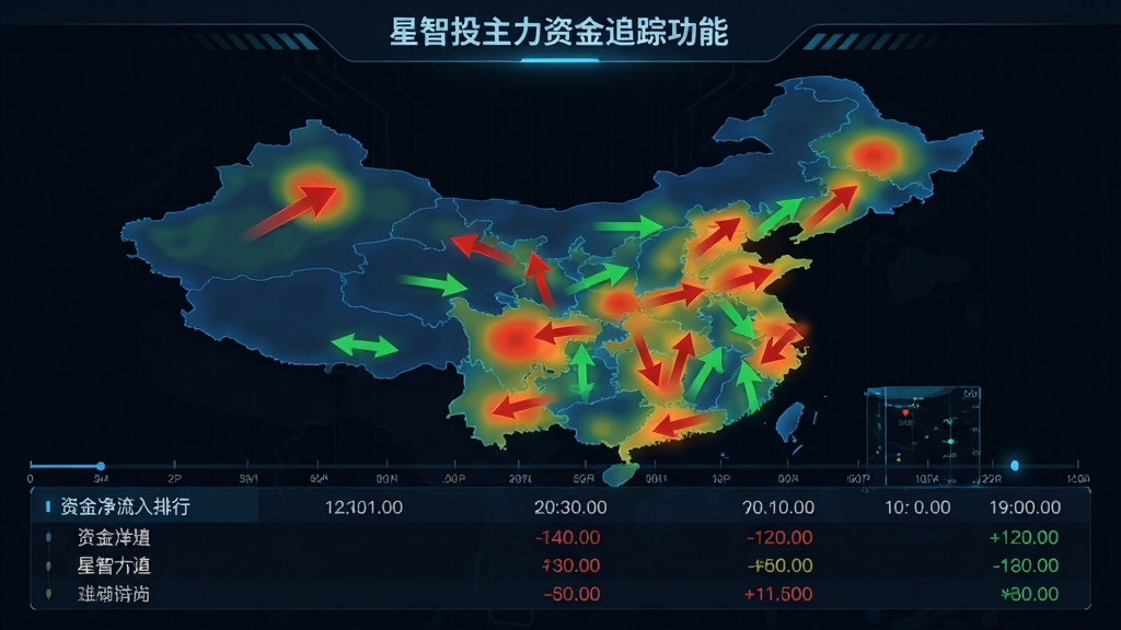 星智投主力资金追踪功能截图,热力地图上红色与绿色箭头交错,下方有资金净流入排行表,整体为深色背景配发光线条,布局居中对称,风格数据可视化科技感,细节包括资金数值标签、时间轴,画质细腻干净,无多余元素