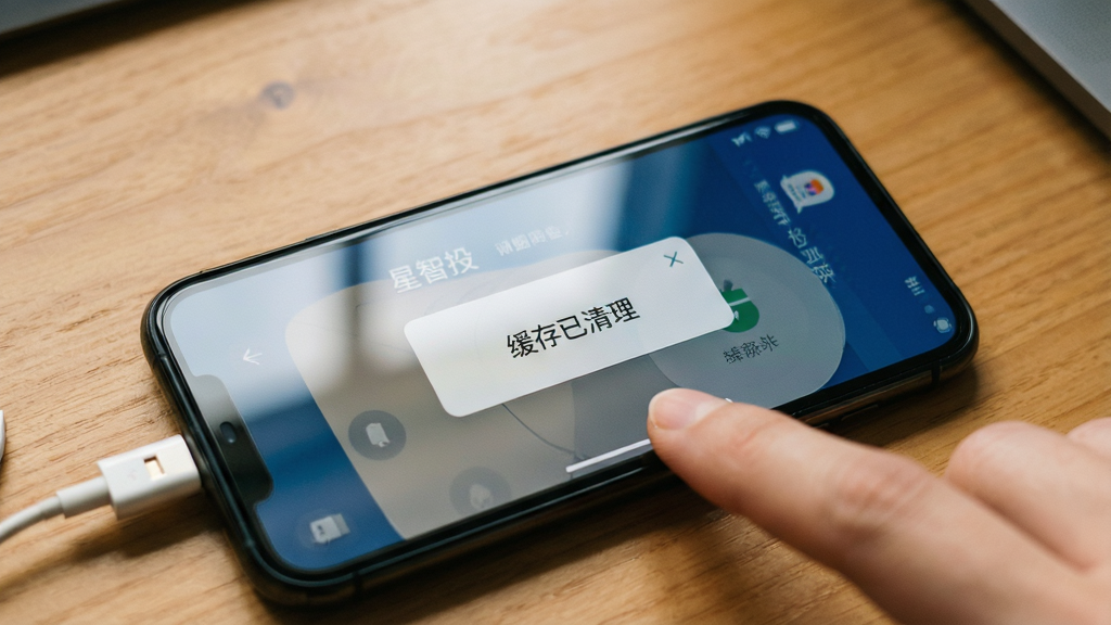 一张手机横屏显示星智投应用运行画面,屏幕上出现弹窗提示“缓存已清理”,旁边有手机充电线,背景为木色桌面,布局简洁,风格写实生活化,细节包括屏幕反光、手指点击动作,画质温暖干净,无多余元素