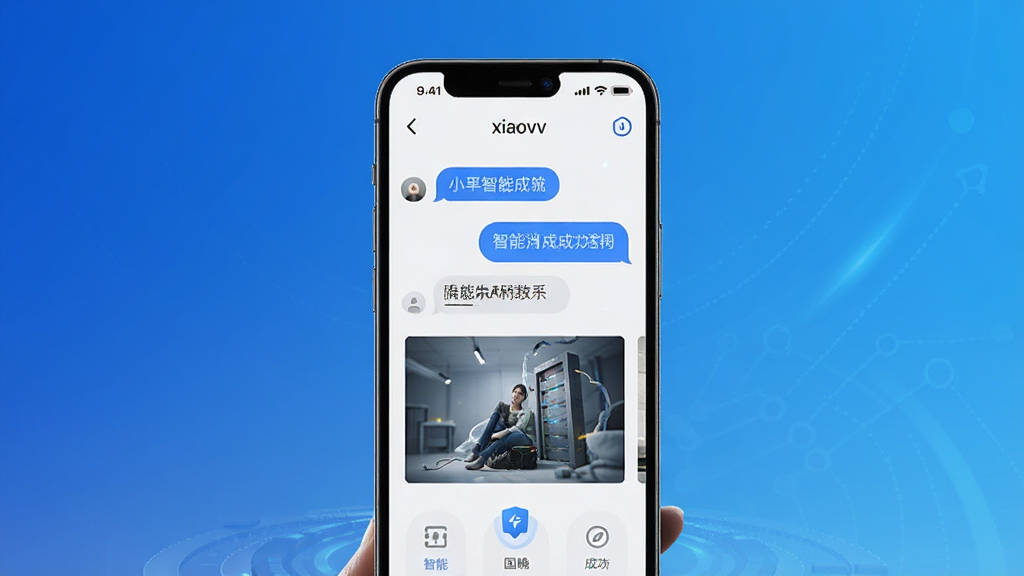 一张展示xiaovv AI应用全貌的预览图,画面中央是手机界面,显示智能对话和图像生成功能,背景为科技蓝渐变,布局简洁,排版干净,风格现代,细节清晰,画质高清,干净无多余元素