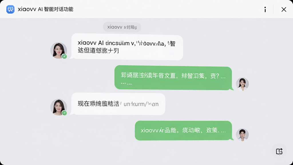 展示xiaovv AI智能对话功能的界面截图,对话气泡清晰,背景柔和浅灰,布局居中,排版整齐,风格简约,细节丰富,画质高清,干净无多余元素