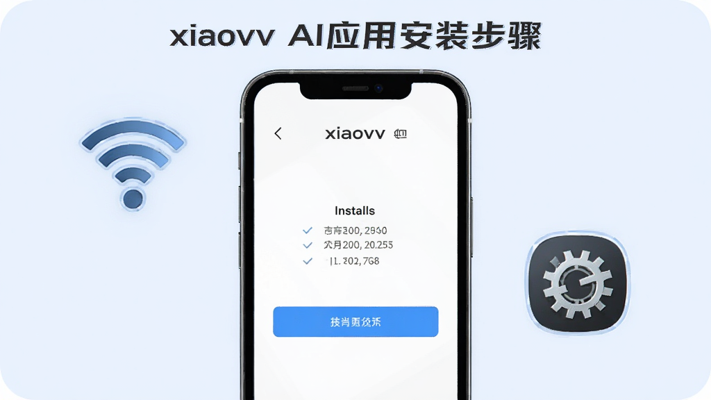 展示xiaovv AI应用安装步骤的示意图,手机屏幕显示安装界面,周围有WiFi图标和设置图标,背景淡蓝,布局居中,排版直观,风格简洁,细节清晰,画质高清,干净无多余元素