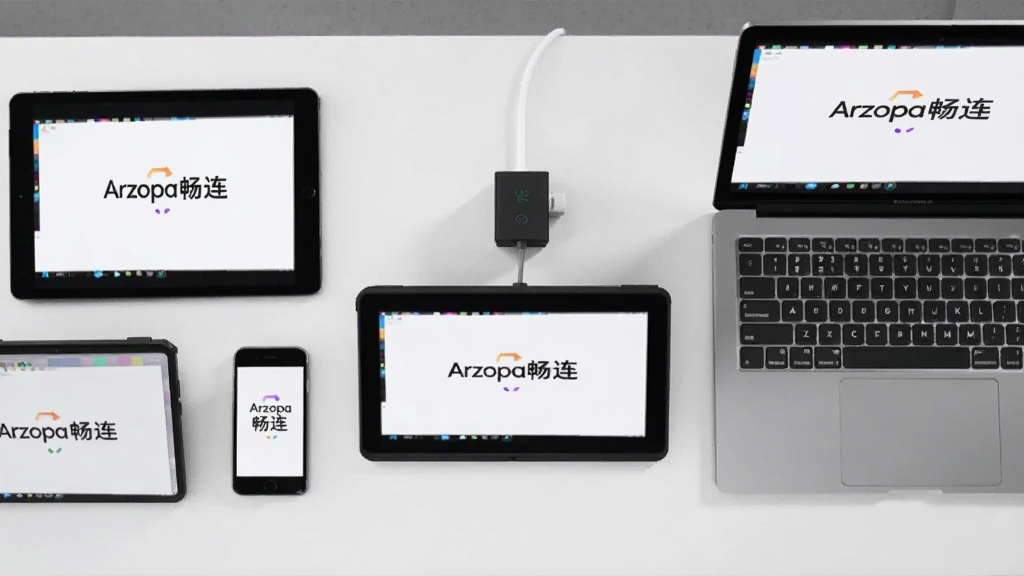 一张展示多种设备(手机、平板、笔记本)围绕一台Arzopa便携显示器的俯视图,每台设备屏幕上都显示“Arzopa畅连”的投屏界面,背景为干净的工作台面,布局整齐,风格简约商务,画质清晰明亮,无多余杂物。