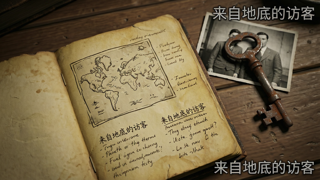 特写镜头展现游戏中的关键道具,一本泛黄的日记本摊开在木桌上,旁边放着一把生锈的钥匙和一张黑白合影。布局以俯拍视角为主,主体位于画面中心。风格为细腻的写实风,注重物体的质感表现,如纸张的纹理、金属的锈迹。细节上需突出日记本上手绘的地图与潦草的笔记。画质要求高清,干净无多余元素,营造出浓厚的悬疑解谜氛围,画面中需出现“来自地底的访客”字样作为游戏LOGO水印。