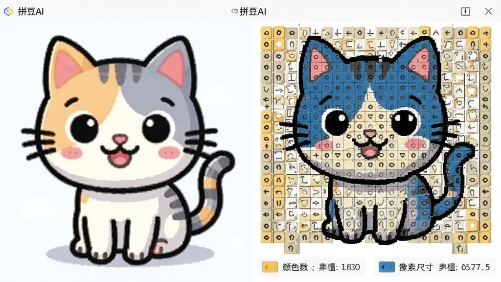 拼豆AI软件中图片转图纸功能的预览图,左侧为一张彩色卡通猫图片,右侧为自动生成的拼豆图纸,图纸上每个格子清晰可见,下方显示颜色数量与像素尺寸,界面简洁,风格扁平化,画质干净,文字标注
