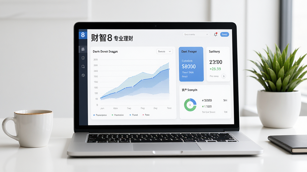 主体为财智8专业理财工具软件界面,界面展示在笔记本电脑屏幕上,背景是整洁的办公桌面,旁边放有咖啡杯和绿色植物。布局以居中构图为主,界面清晰显示收支图表和资产统计卡片,整体风格现代简约偏商务,画面干净明亮,细节丰富,高清画质,无多余元素。