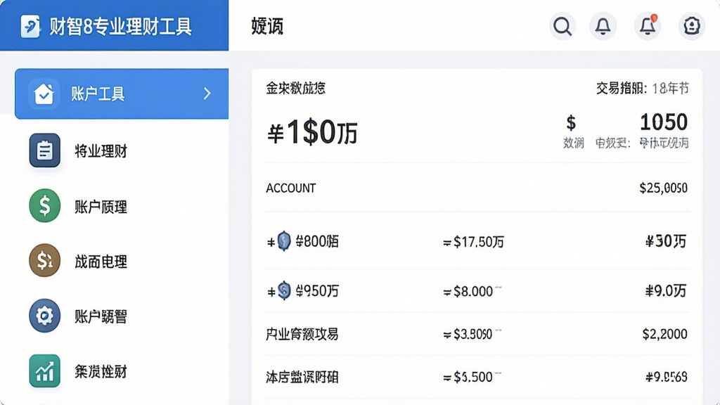 主体为财智8专业理财工具的账户管理功能界面,左侧列表显示各类账户图标,右侧展示账户余额和交易明细。布局采用左右分栏设计,整体风格清爽商务,色彩以蓝色和白色为主,界面文字清晰,画质干净,无多余元素。