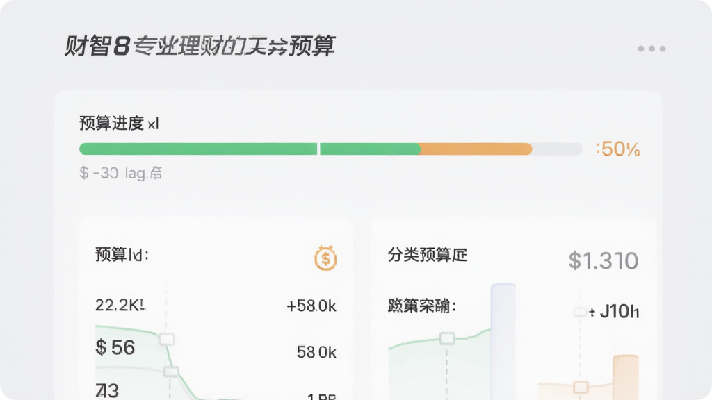 主体为财智8专业理财工具的预算设置页面,界面顶部显示预算进度条,下方有分类预算数值,背景是柔和的浅灰色,配以绿色和橙色进度条。整体布局简洁清晰,风格现代实用,画质干净,无多余元素。