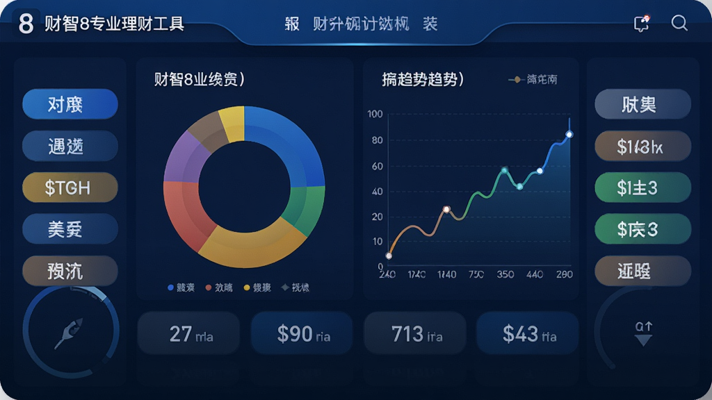 主体为财智8专业理财工具的报表统计界面,屏幕中央展示彩色环形图表和折线趋势图,周围有分类标签。布局为仪表盘风格,整体美观大方,商务蓝配色,细节清晰,画质干净,无多余元素。