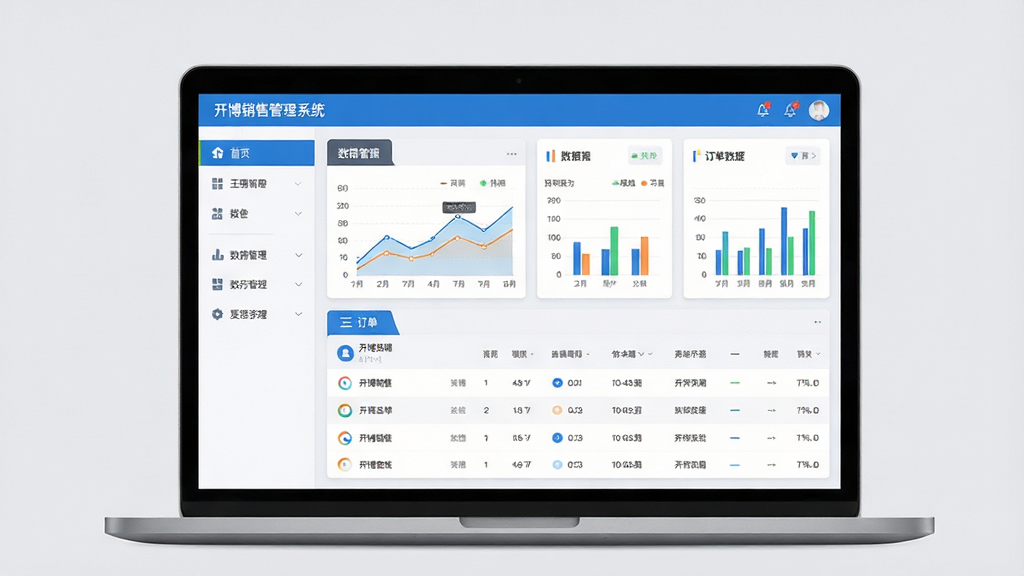 主体:开博销售管理系统软件界面,一台笔记本电脑屏幕显示系统主控台,画面中央是彩色数据图表与订单列表。布局:主界面左侧功能导航栏,右侧为数据看板,整体横向构图。排版:界面布局清晰,导航图标整齐排列,数据区域采用卡片式模块设计。风格:现代商务科技风,蓝白主色调,扁平化设计。细节:屏幕上显示“开博销售管理系统”字样,图表包含折线图与柱状图,背景为浅灰色。画质:高清渲染,干净,无多余元素。