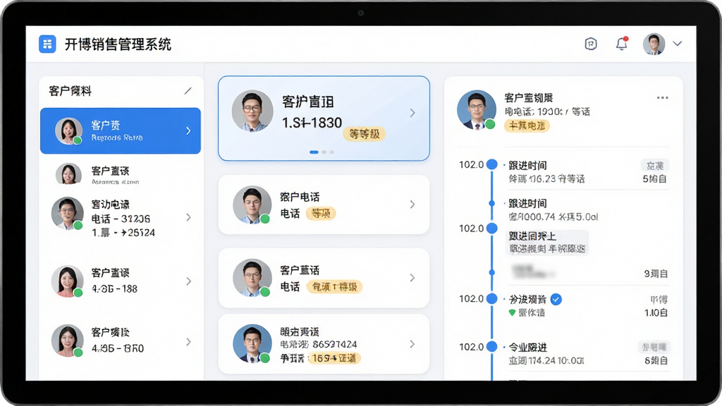 主体:开博销售管理系统的客户管理界面,屏幕显示客户资料卡片与跟进时间线。布局:左侧客户列表,右侧为客户详情,上下结构。排版:信息字段整齐排列,时间线纵向展示。风格:清爽简洁,蓝白配色,卡片圆角设计。细节:客户头像、电话、等级标签清晰可见,跟进记录带时间戳。画质:高清,干净,无多余元素。
