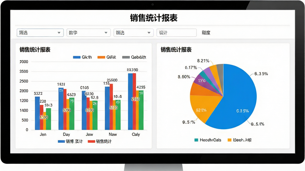 主体:开博销售管理系统的数据报表界面,屏幕显示彩色柱状图与饼图。布局:图表占据画面中央,上方为筛选条件栏。排版:图表并排展示,图例清晰。风格:商务数据可视化风格,色彩鲜明。细节:图表数据标签显示具体数值,背景为白色,标题栏显示“销售统计报表”。画质:高清渲染,干净,无多余元素。