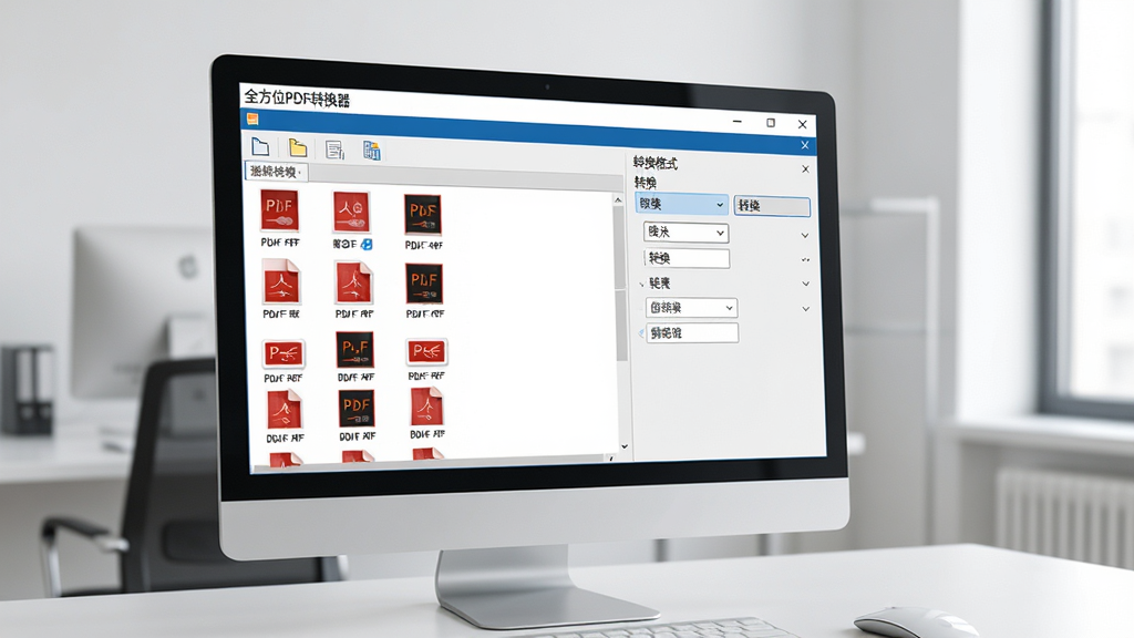 电脑屏幕显示“全方位PDF转换器”批量转换界面,左侧文件列表多个PDF文件,右侧转换格式选项,背景为简洁办公环境,画面干净,风格写实,高分辨率