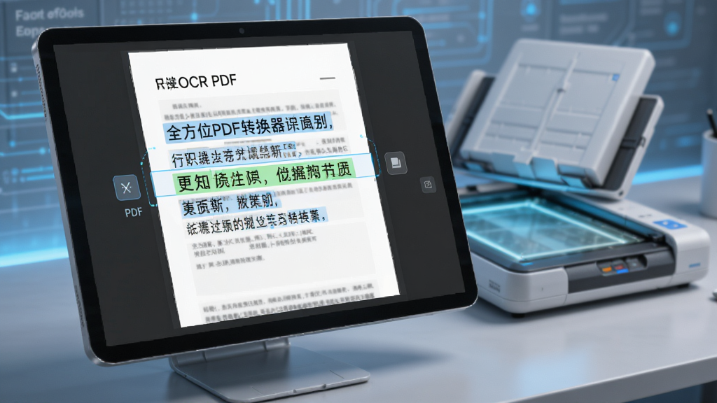 展示“全方位PDF转换器”OCR识别功能,将纸质文档扫描为PDF后屏幕高亮显示识别出的文字,背景有扫描仪,画面清晰,科技感强,干净无杂物