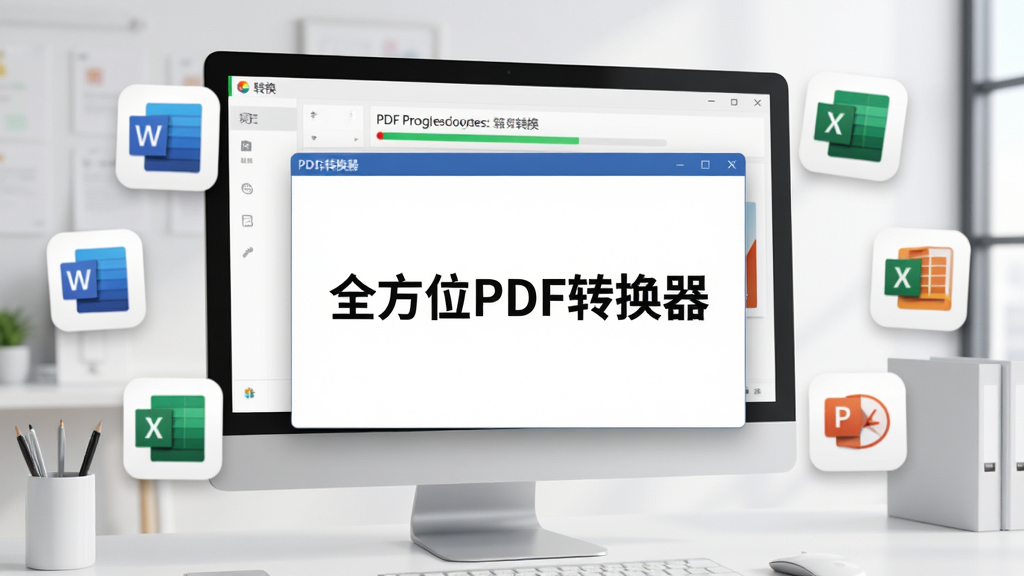 画面中央展示“全方位PDF转换器”软件主界面悬浮窗,背景为现代办公桌,电脑屏幕显示PDF转换进度条,周围散落Word、Excel、PPT图标,风格明亮简洁,高清渲染,干净无杂物