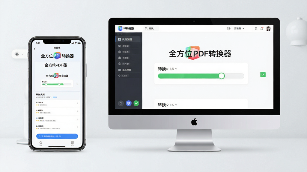 手机和电脑并排显示“全方位PDF转换器”界面,手机屏幕展示移动端操作,电脑屏幕展示转换进度,背景简洁,浅色调,高清画质,干净无杂物