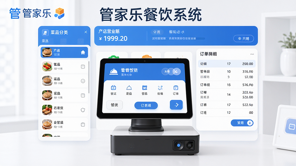 管家乐餐饮系统主界面展示,画面中央是清晰的点餐收银操作台,左侧为菜品分类列表,右侧为订单明细,顶部显示门店实时营业额数据,整体布局简洁现代,采用蓝白主色调,界面图标圆润清晰,背景干净无多余元素,画质高清,突出软件名称“管家乐餐饮系统”字样