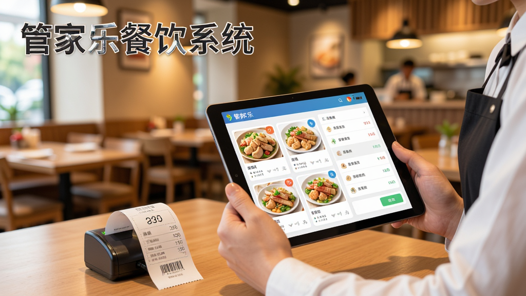 管家乐餐饮系统点餐收银界面,服务员手持平板为顾客点餐,屏幕上显示菜品列表与价格,桌面摆有收银小票打印设备,背景是温馨的餐厅环境,画面明亮清晰,突出软件名称“管家乐餐饮系统”