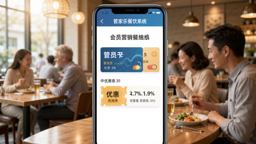 管家乐餐饮系统会员营销界面,手机屏幕显示会员卡与优惠券页面,背景是餐厅内顾客用餐场景,画面温馨明亮,突出软件名称“管家乐餐饮系统”