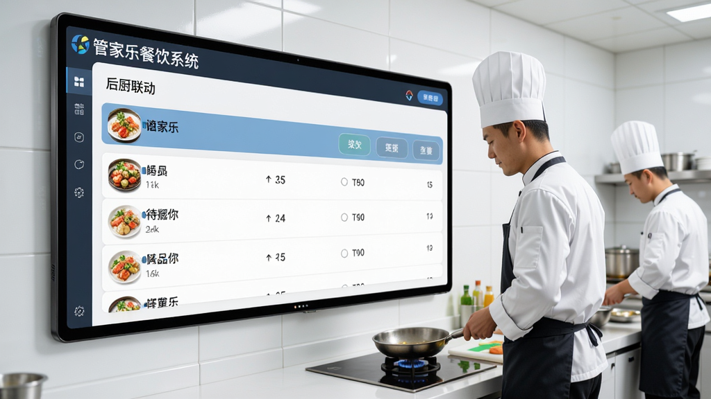 管家乐餐饮系统后厨联动界面,后厨大屏展示待制作菜品列表,厨师正在灶台前忙碌,屏幕显示菜品名称与数量,画面明亮整洁,突出软件名称“管家乐餐饮系统”
