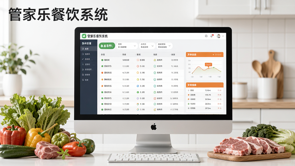管家乐餐饮系统库存管理界面,电脑屏幕显示食材库存列表与预警数据,旁边摆放蔬菜、肉类等新鲜食材,画面干净明亮,突出软件名称“管家乐餐饮系统”