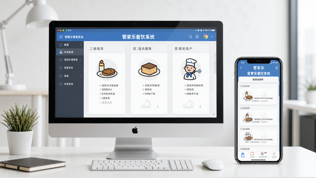 管家乐餐饮系统使用教程画面,电脑屏幕显示操作步骤,旁边手机显示同一界面,背景为简洁办公桌,画面清晰整洁,突出软件名称“管家乐餐饮系统”