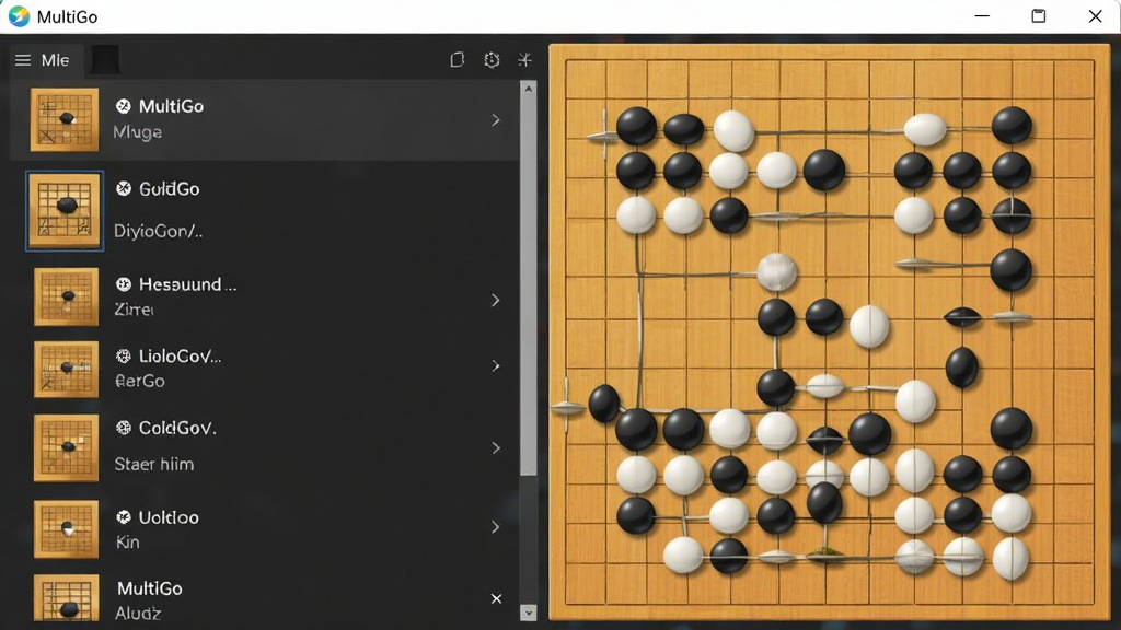 一幅展示MultiGo软件主界面的高清图片,主体为软件窗口,左侧是棋谱列表,右侧是棋盘,棋盘上摆有黑白棋子,布局清晰,界面简洁,风格现代,细节丰富,画质干净,无多余元素,图片中可显示文字