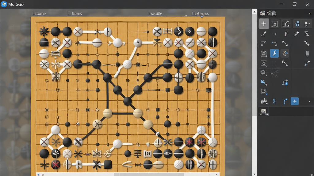 MultiGo软件中编辑变化图的界面,主体为棋盘上显示多分支变化线,旁边有编辑工具栏,布局专业,风格清晰,细节丰富,画质干净,无多余元素