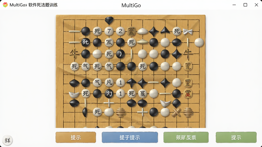 MultiGo软件死活题训练界面,主体为棋盘上摆有死活题,界面下方有提示按钮,布局友好,风格简洁,细节丰富,画质干净,无多余元素
