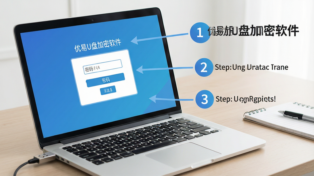 优易U盘加密软件使用教程示意图,画面展示笔记本电脑连接U盘,屏幕显示密码输入框,旁边有步骤序号标注,背景为浅色办公桌,风格写实,布局清晰,画质高清,干净无杂乱元素,图片中带文字“优易U盘加密软件”