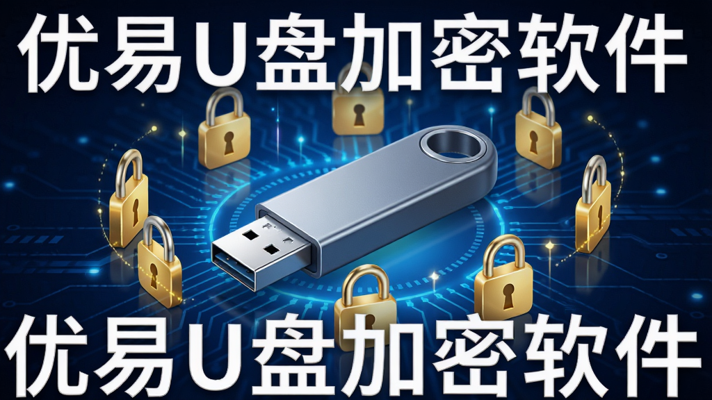 优易U盘加密软件加密过程示意图,画面中央是一个USB闪存盘,周围环绕着金色锁形图标,背景为深蓝色科技感光效,主体突出,布局清晰,风格专业,画质细腻,干净整洁,图片中标注“优易U盘加密软件”字样