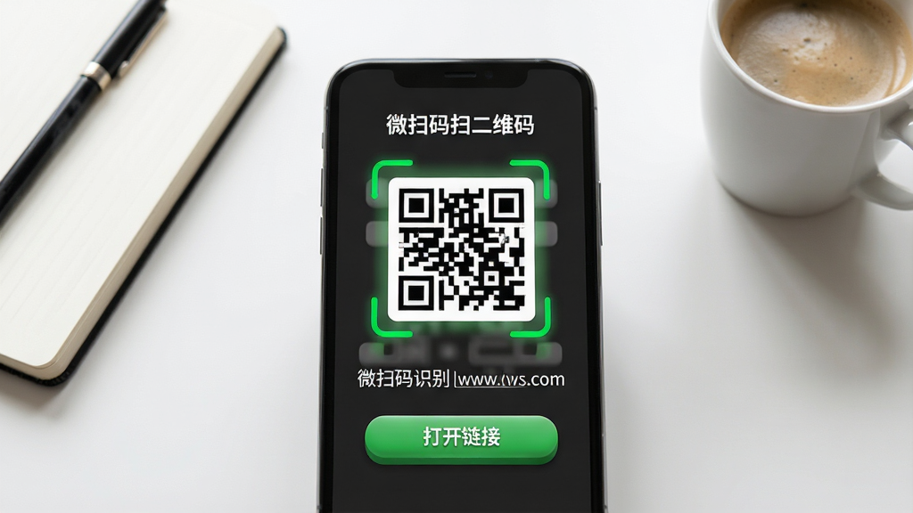 主体:智能手机屏幕展示“微扫码扫二维码”的扫描结果页面,屏幕上显示一个二维码被绿色框线框选,下方显示识别出的网址链接和“打开链接”按钮。布局:手机屏幕占画面中央,背景为白色桌面,桌面有笔记本和咖啡杯。排版:扫描框居中,识别结果文字清晰,按钮醒目。风格:写实风格,光线自然,细节丰富。细节:屏幕中二维码图案清晰,链接文字可读,按钮有立体感。画质:高清,干净,无多余元素。