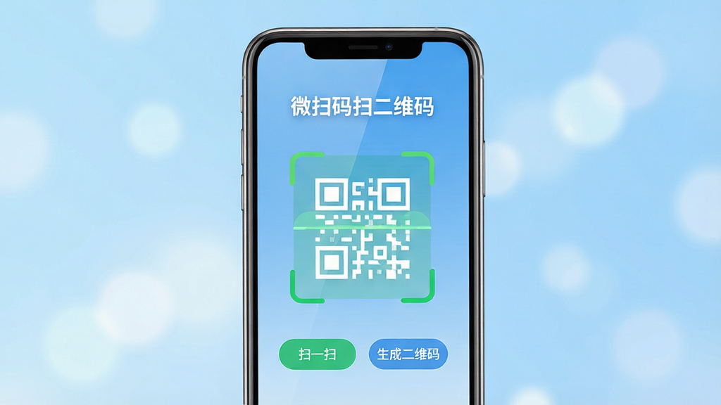主体:一款名为“微扫码扫二维码”的手机应用界面,手机屏幕中显示扫描二维码的动画效果,背景为浅蓝色渐变,整体风格简洁现代。布局:手机居中,屏幕上方显示“微扫码扫二维码”字样,下方有绿色扫描框,框内有白色网格线,旁边有“扫一扫”、“生成二维码”两个功能按钮。排版:界面元素排列整齐,文字清晰,按钮大小适中。风格:扁平化设计,色彩清新明亮,科技感十足。细节:手机边框圆润,屏幕反射淡淡光泽,背景有模糊的光斑。画质:高清,干净,无多余元素。