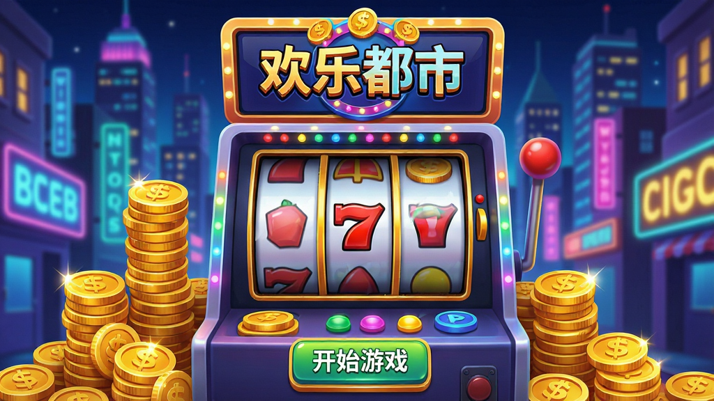 主体:欢乐都市游戏主界面,霓虹闪烁的都市夜景背景,前景是一台精美的推币机,币堆高耸;布局:推币机居中,金币堆特写,屏幕上方有“欢乐都市”LOGO,下方有“开始游戏”按钮;排版:主体突出推币机,层次分明,UI界面整洁;风格:现代卡通渲染,色彩鲜艳明亮,光影效果逼真;细节:金币反光,机器内部彩灯闪烁,画面干净通透;画质:4K高清,细节丰富,无多余元素。