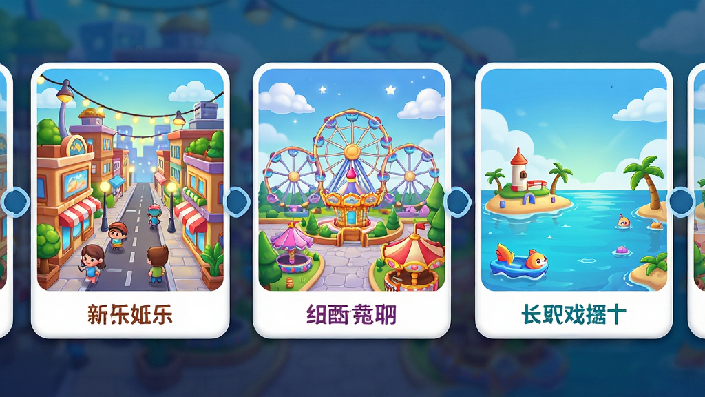 主体:欢乐都市游戏中不同的城市主题场景轮播图,包括繁华商业街、梦幻游乐园、宁静海滨等;布局:多个场景卡片横向排列,每个卡片展示一个主题;排版:画面整洁,主题卡片大小统一,下方有场景名称;风格:明快的卡通风格,色彩丰富,每个场景都有独特的装饰元素;细节:场景中的建筑、植物、灯光等细节丰富,画面可爱;画质:高清,颜色鲜艳,无多余元素。