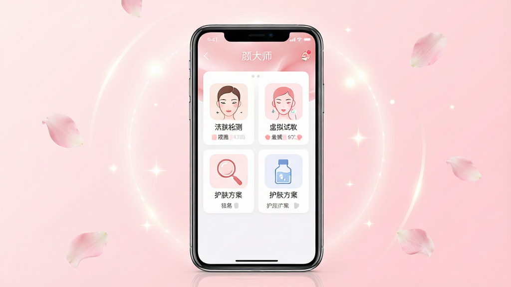 主体:一部亮着屏幕的智能手机,屏幕中显示“颜大师”APP的主界面,界面有皮肤检测、虚拟试妆、护肤方案等模块图标。布局:手机居中,背景为浅粉色渐变,周围有柔和的光晕和花瓣点缀。排版:手机屏幕内的界面清晰展示APP名称“颜大师”及主要功能图标,排版整洁。风格:现代科技感与柔美结合,画质高清,干净,无多余元素。