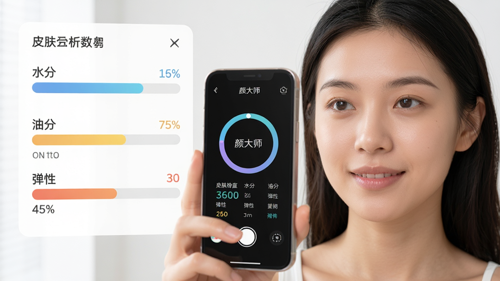 主体:一位年轻女性正用手机拍摄自己的脸部,手机屏幕上显示“颜大师”皮肤检测的环形进度条和各项指标得分。布局:人物置于画面右侧,左侧为放大的皮肤分析数据图表。排版:图表包含水分、油分、弹性等数据条,风格:清新自然,光线明亮,真实感强,画质干净,无多余元素。