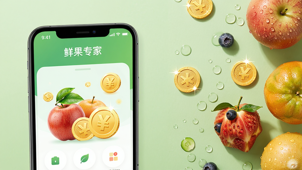 主体:手机屏幕展示鲜果专家APP界面,界面上有新鲜水果和金币图标,布局:左侧为APP界面特写,右侧为散落的新鲜水果,排版:居中构图,背景为淡绿色,风格:清新电商风格,细节:水果上带有水珠,金币闪闪发光,界面显示“鲜果专家”字样,画质:高清,干净,无多余元素