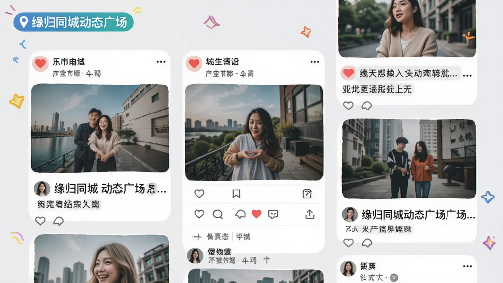 缘归同城动态广场界面截图,瀑布流布局展示图片与文字动态,左上角显示城市位置标签,背景浅灰,风格活泼,画质干净,无多余元素