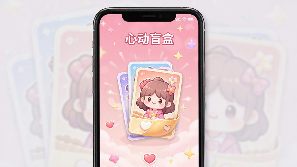缘归互动玩法界面,手机屏幕展示“心动盲盒”抽卡动画,卡片翻转效果,背景粉色渐变,风格可爱,画质干净,无多余元素