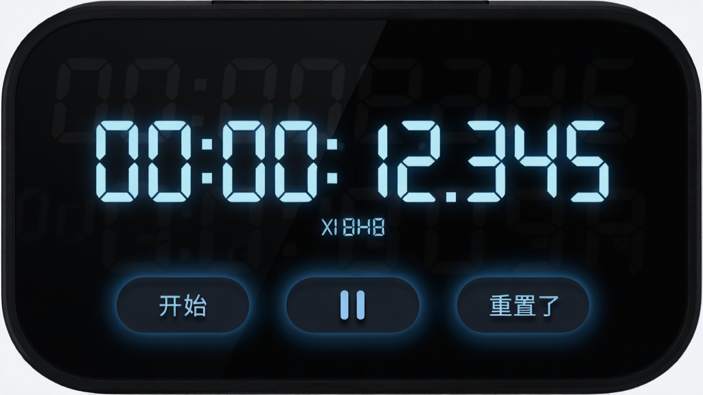 ���壺������ӵĵ���ʱ���棬��Ļ����ʾ��00:00:12.345�����뼶���֣����֣����־��зŴ��·��п�ʼ����ͣ������������ť����Χ��΢������ɫ���Σ��Ű棺���ֲ��õȿ����壬�����ȣ���񣺿Ƽ������Լ���ϣ���ɫ��������ɫ���֣�ϸ�ڣ����ֱ�Ե����΢����Ч������ť����Բ����Ӱ������ɾ����䣻���ʣ����壬�޶���Ԫ�ء�